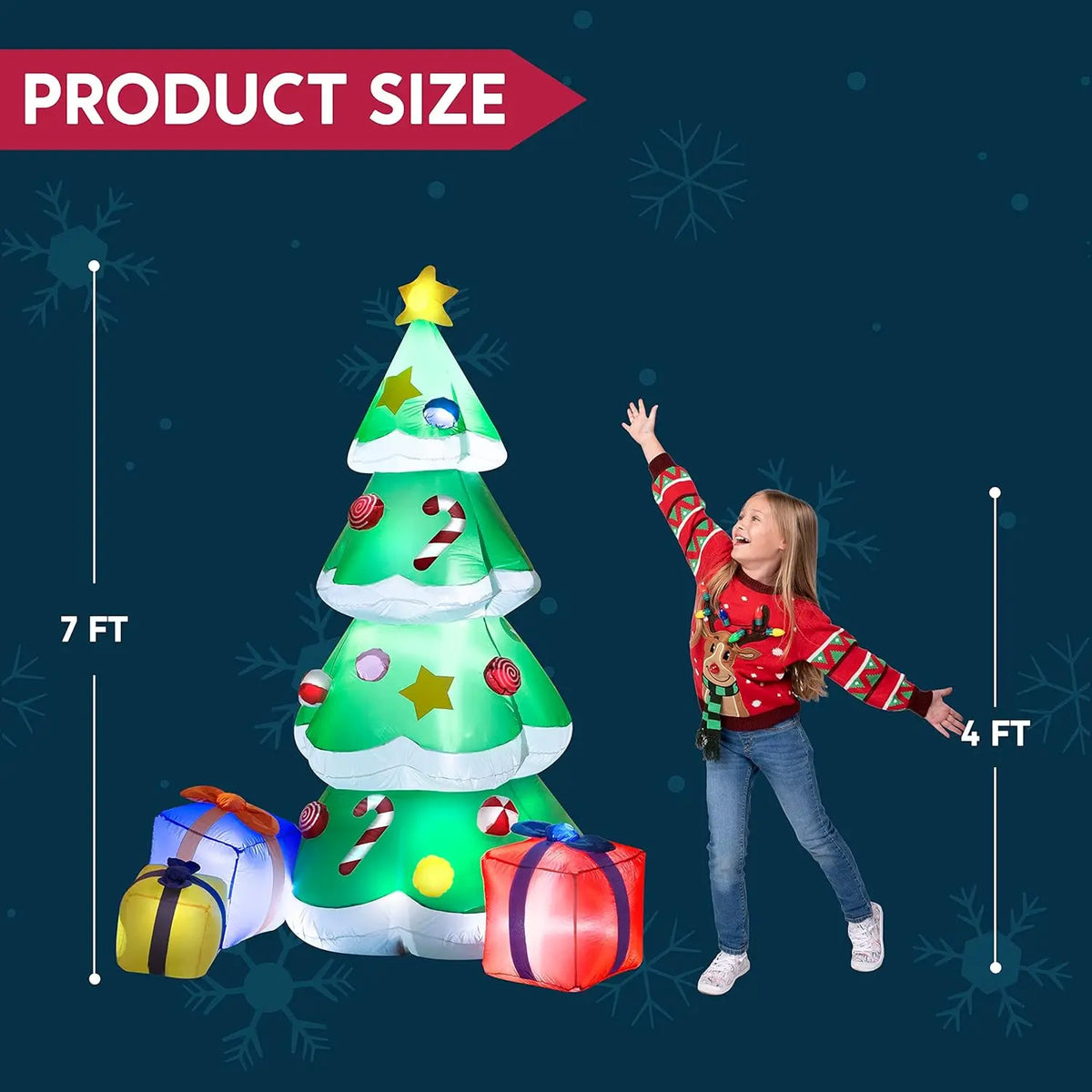 Tinselglow Christmas tree inflatable height graphic showing approximately 7 feet.