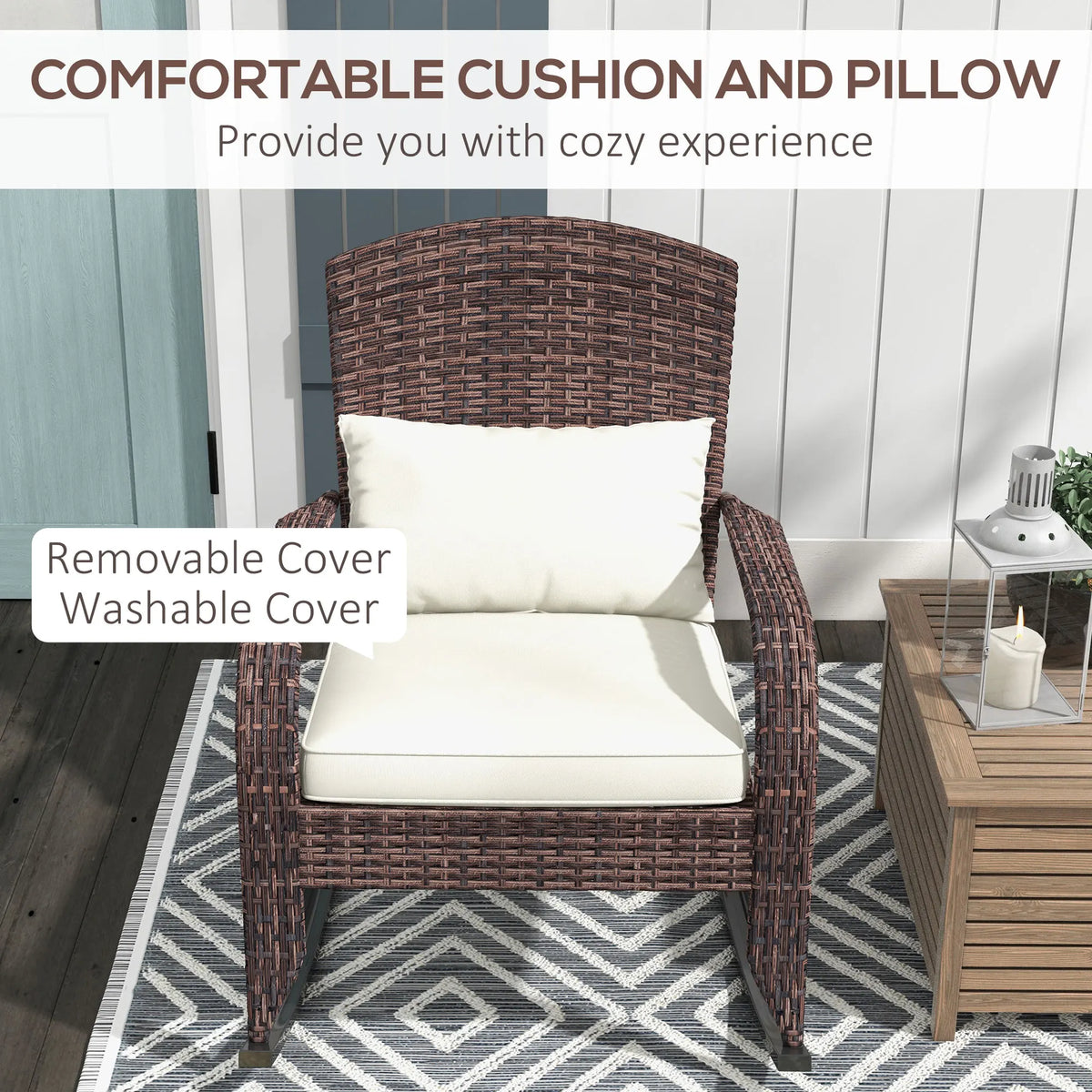 Front view of the rocking chair with cream seat cushion and pillow and a removable-cover callout.