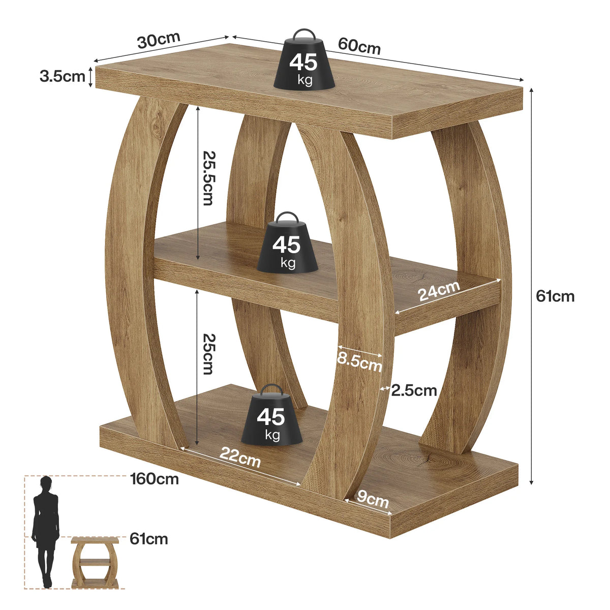 Fernnote dimension image showing 60 cm width, 30 cm depth, 61 cm height, shelf clearances, and 45 kg capacity per tier