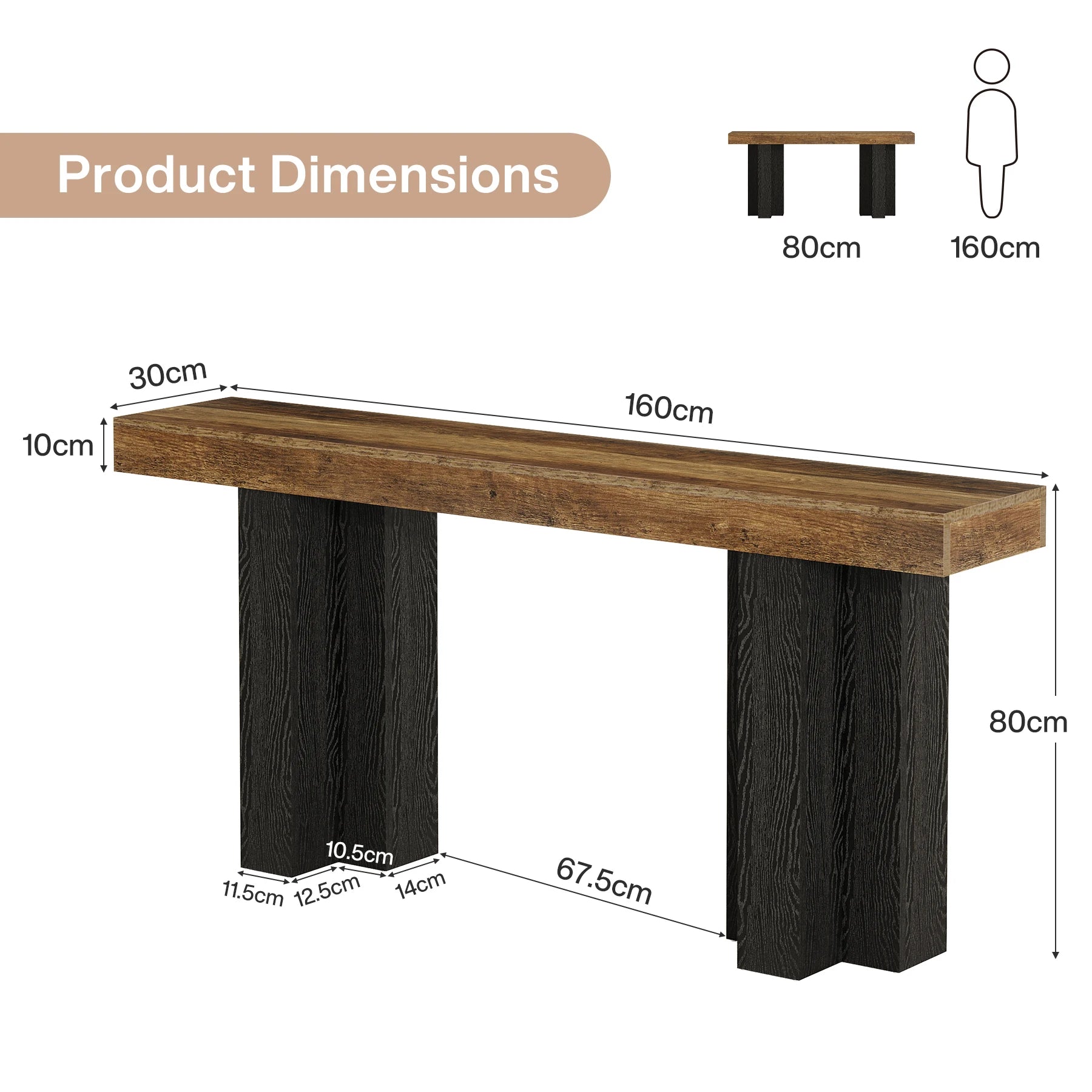 Wooden console table with dimensions labeled on a white background
