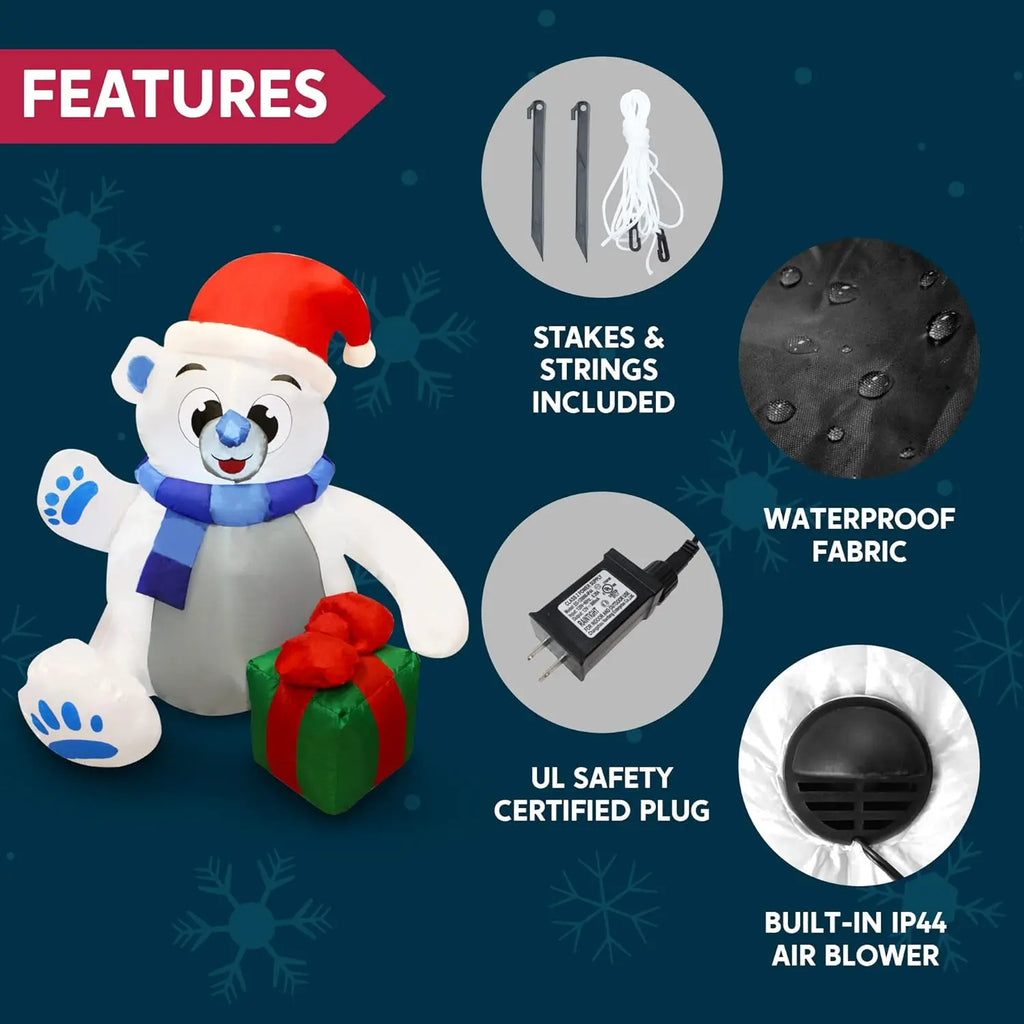 Giftpaw inflatable fabric, built-in blower, power adapter, stakes and tether ropes.
