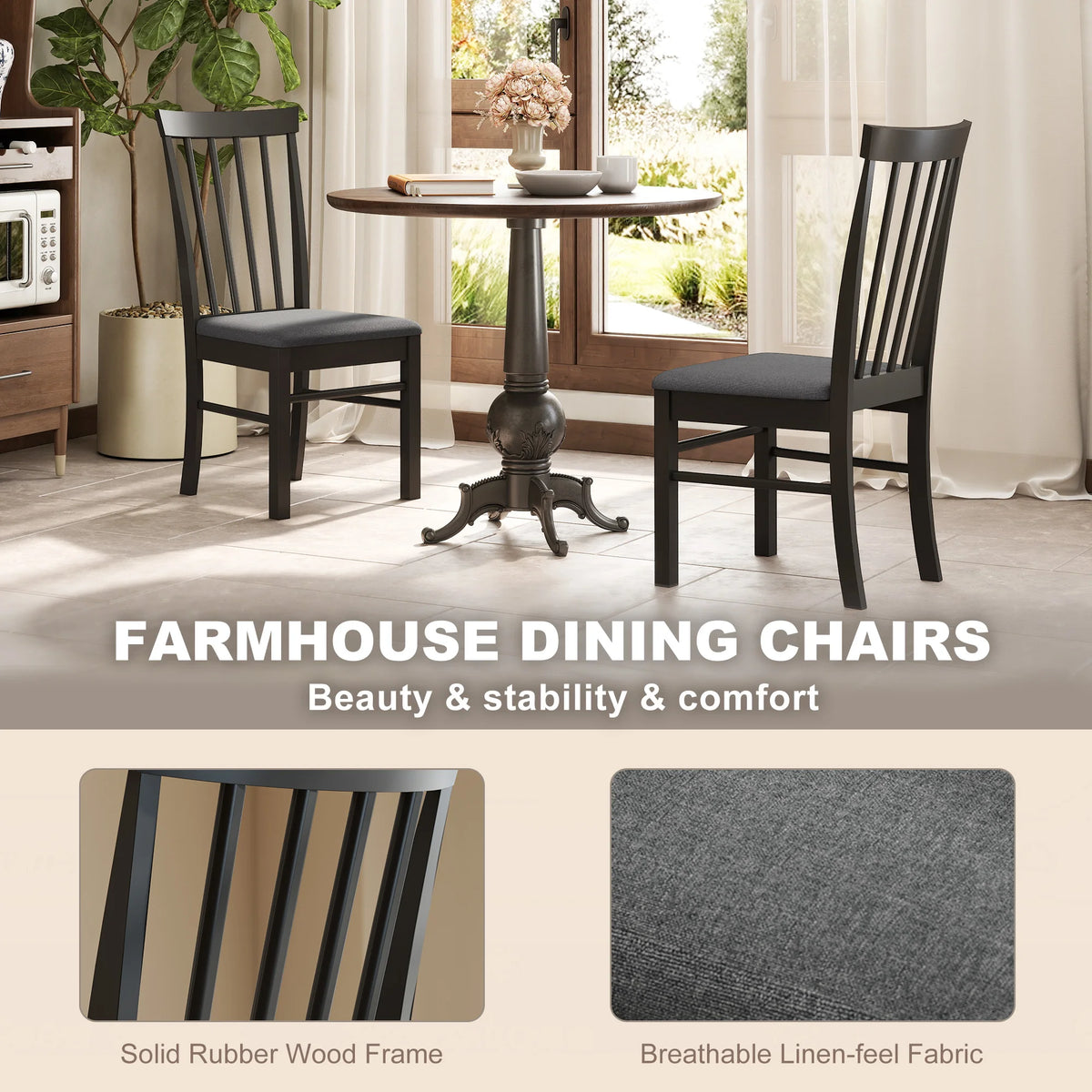 Alternate Novacrest rubberwood frame and gray fabric detail graphic