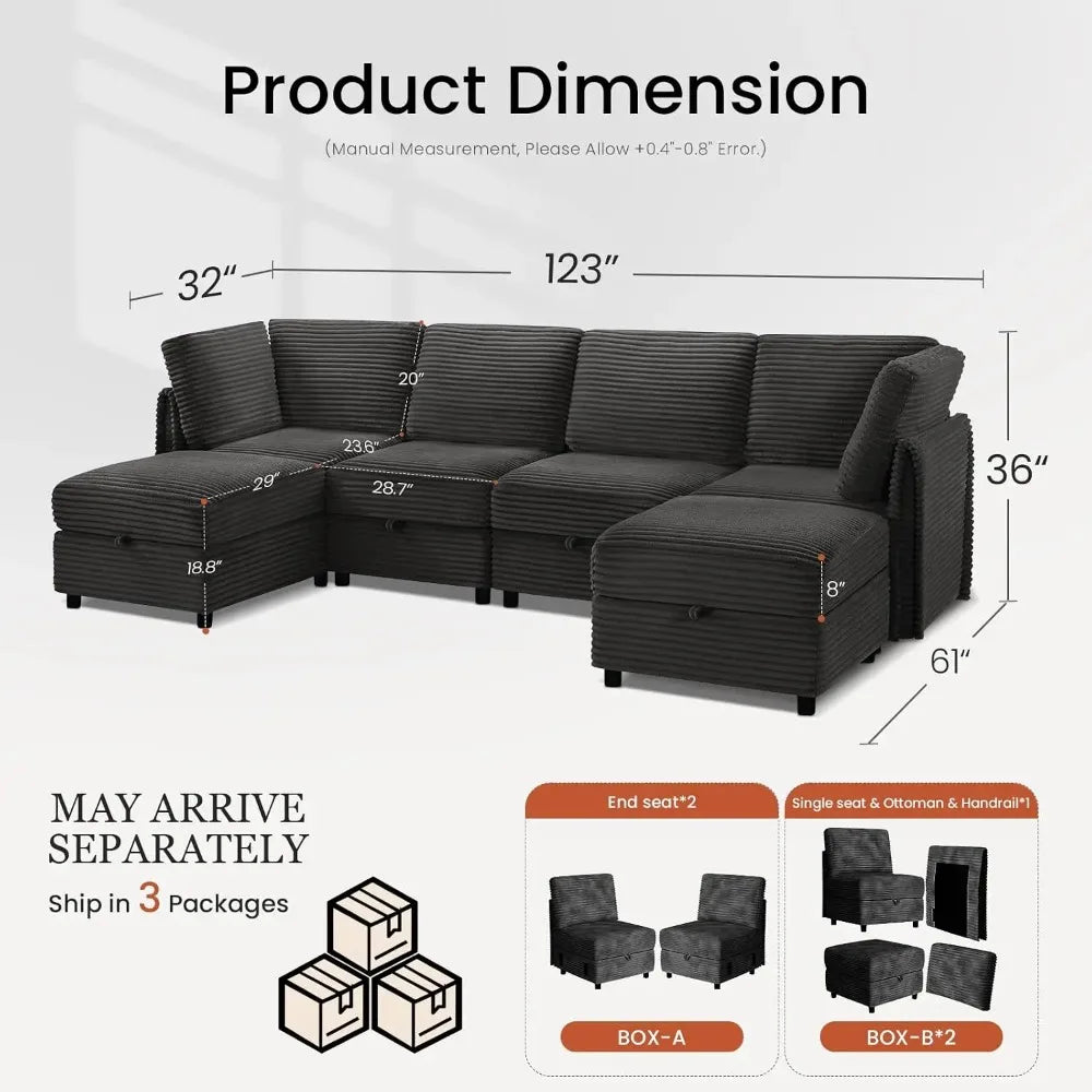 Sylvellen modular sectional dimensions with 36-inch height, 61-inch depth and six-base packing diagram
