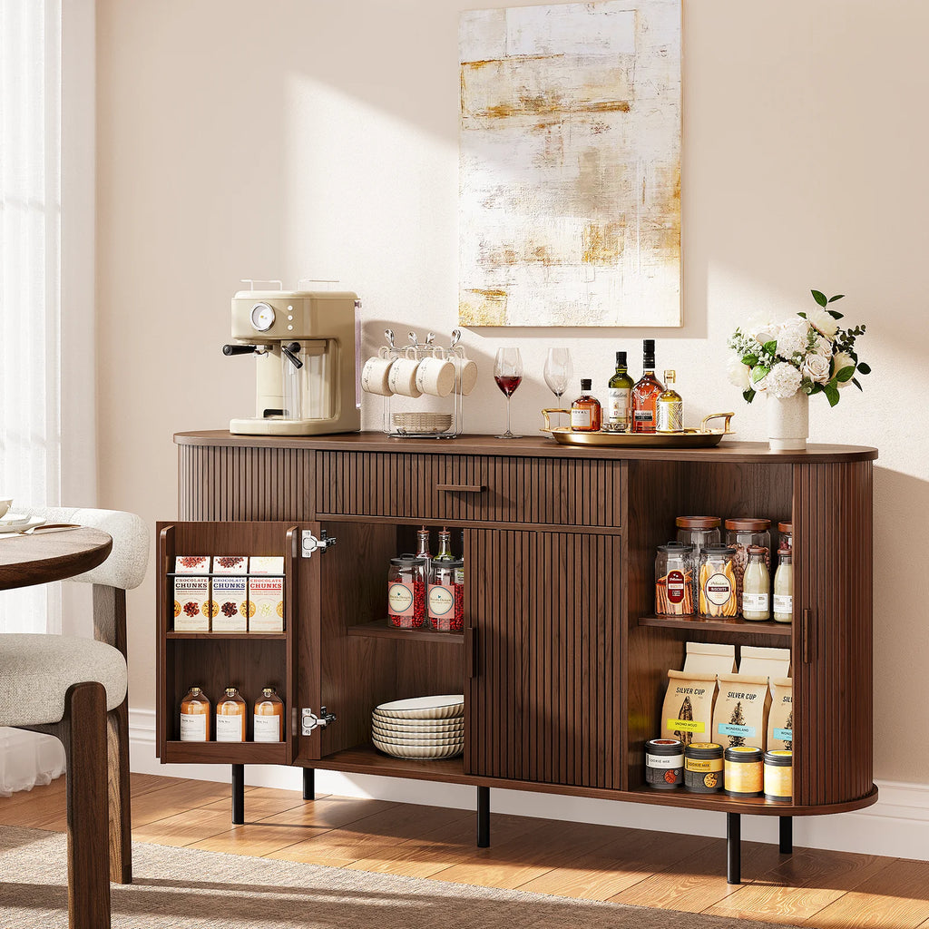 Walnut Cindersong with one hinged center door open and curved side storage exposed