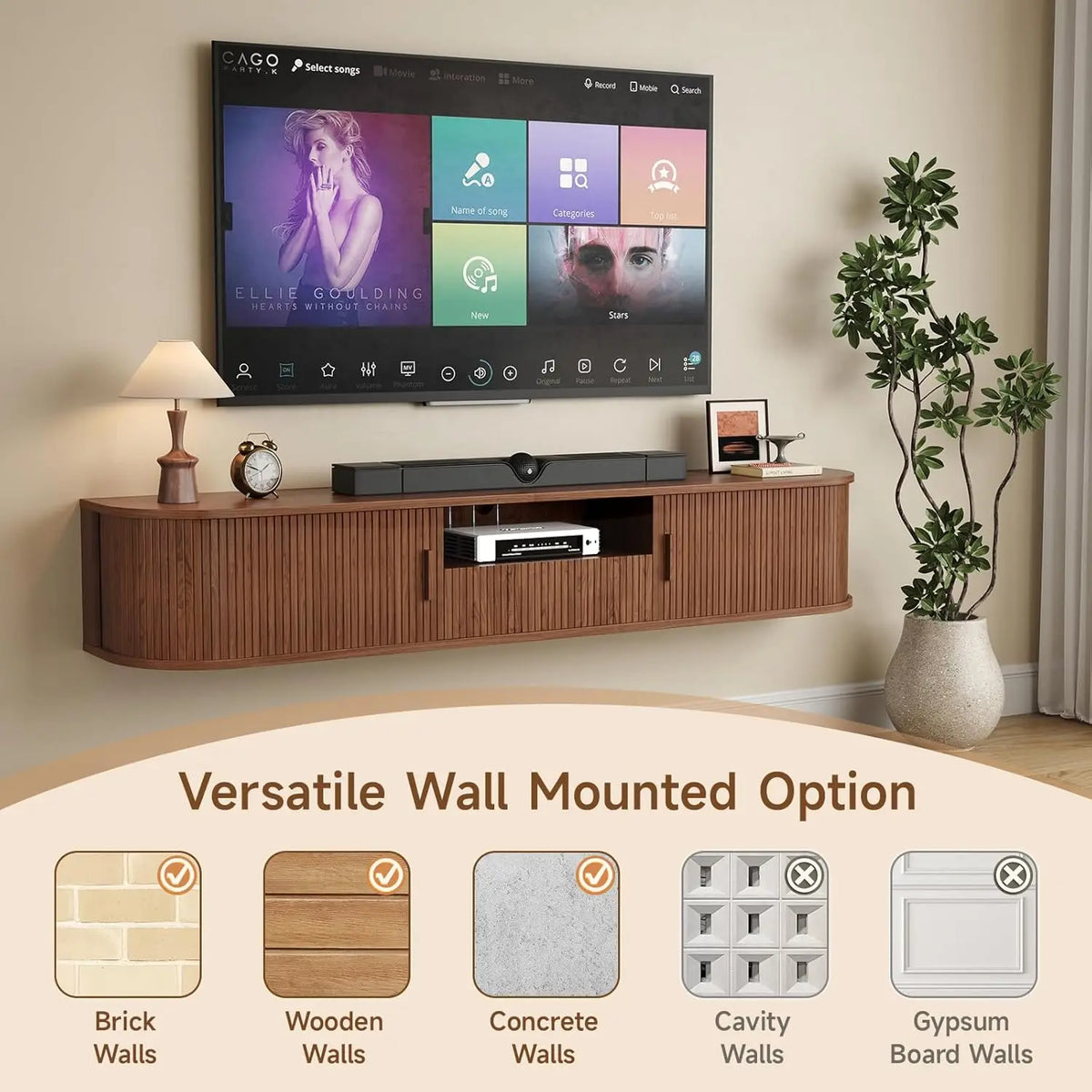 Melodyhalo installation graphic marking brick, wooden, and concrete walls as suitable and cavity and gypsum-board walls as unsuitable.