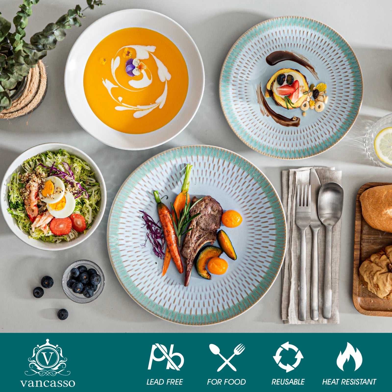 VANCASSO Pluvo Spring Series Stoneware Dinnerware Set – Green Trim, 16/32/48 Pieces