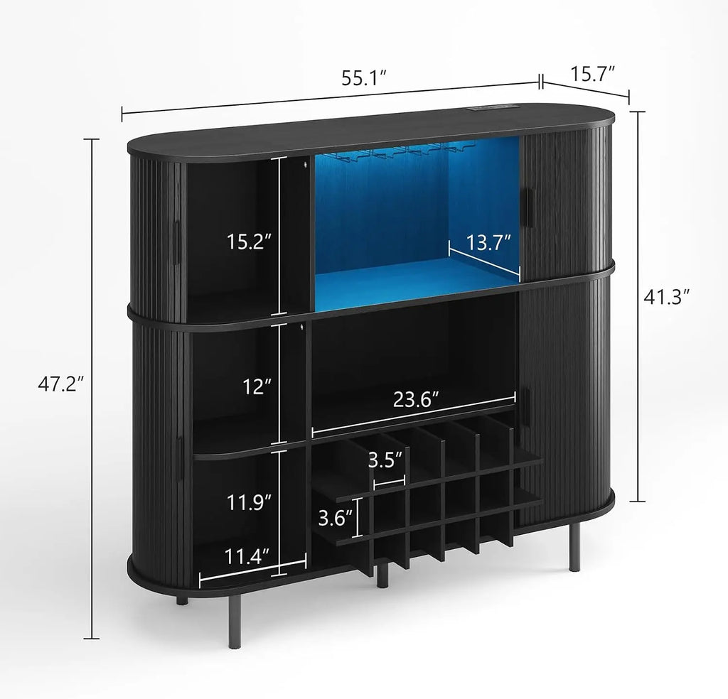 Black ribbed metal storage cabinet with shelves and a lower wine rack, shown with dimension callouts and a blue interior accent on a light gray background.