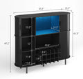 Black ribbed metal storage cabinet with shelves and a lower wine rack, shown with dimension callouts and a blue interior accent on a light gray background.