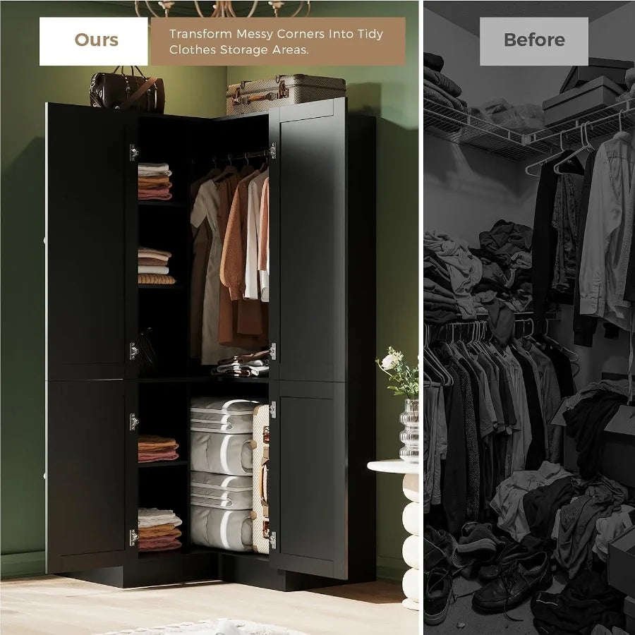 Storage comparison graphic showing hanging garments and folded linens inside the corner cabinet.