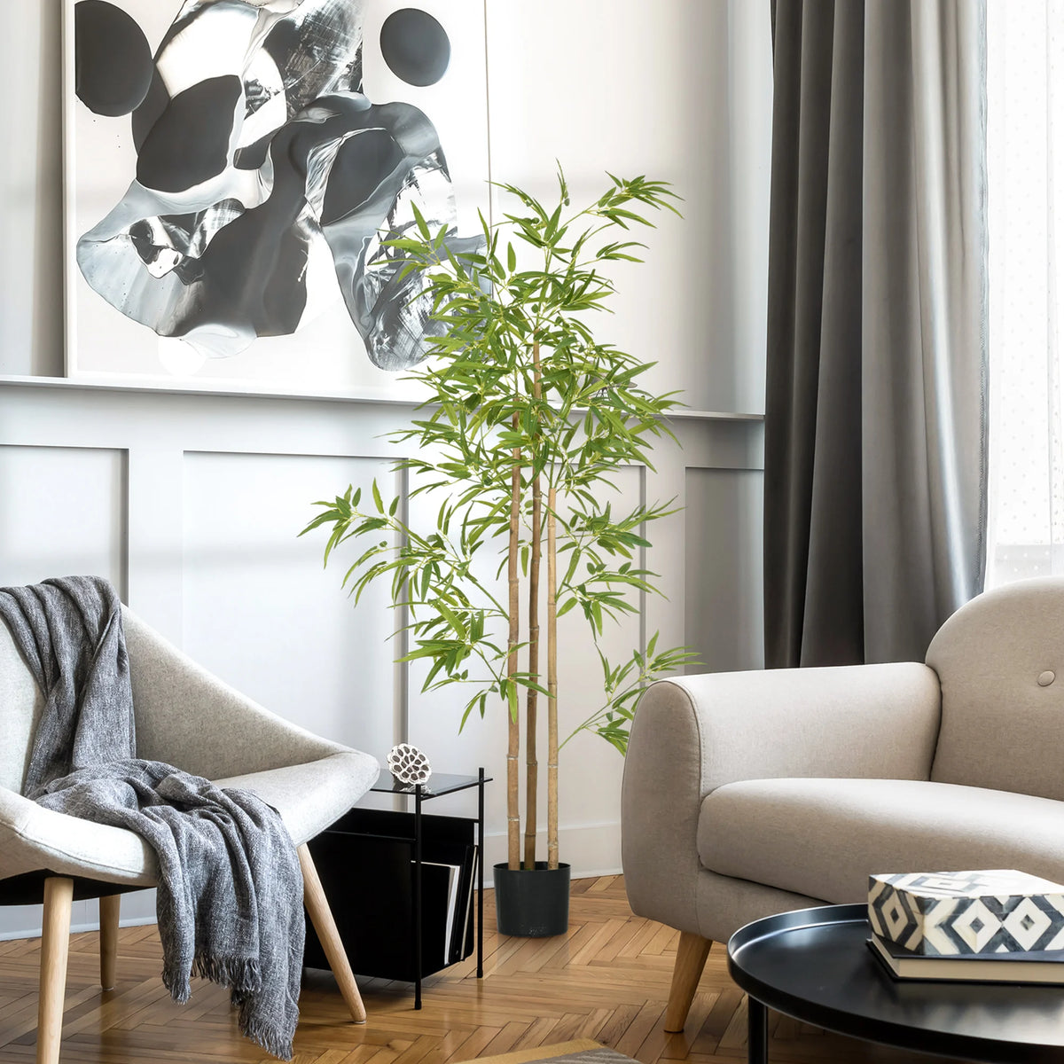 Arusha artificial bamboo tree beside living-room seating