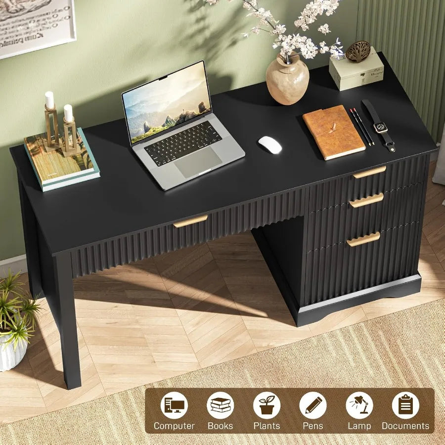 Overhead work-surface view showing the black desktop above fluted drawer fronts.