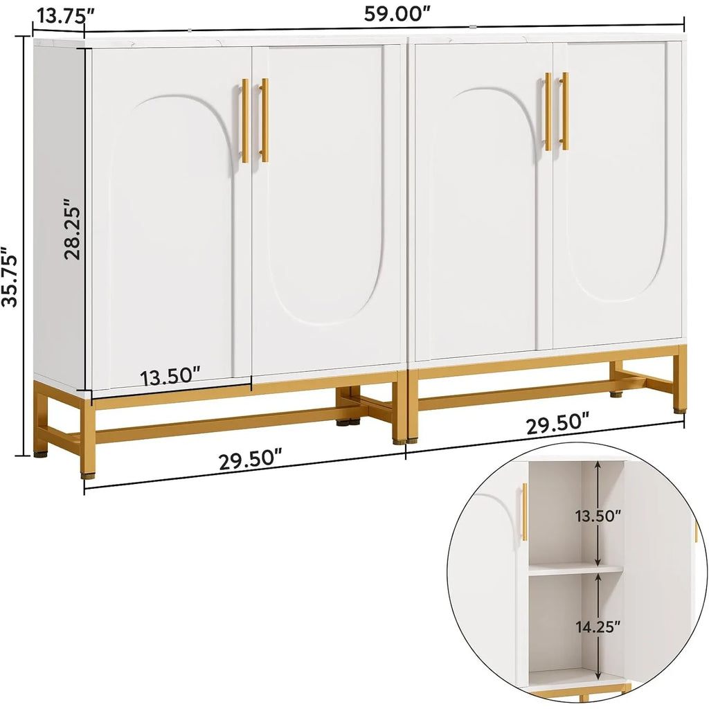 White cabinet with gold legs and handles, shown with dimensions on a white background.