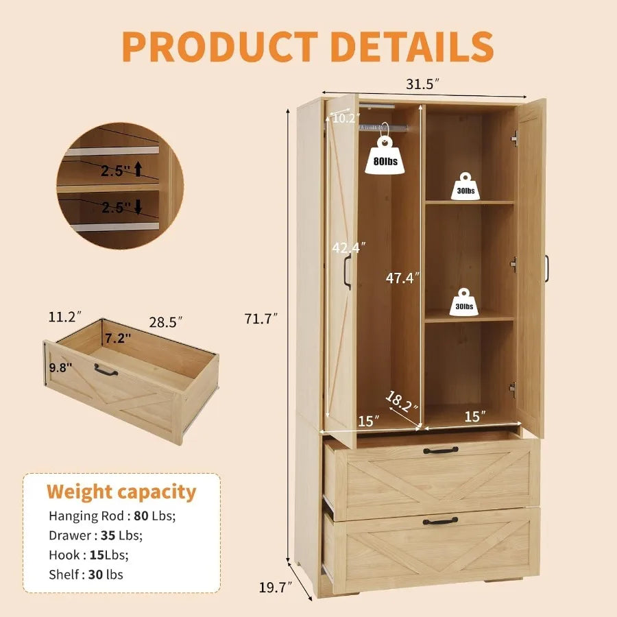 Product-details graphic showing the hanging rod, shelf capacities, drawer measurements, and adjustable shelf spacing.