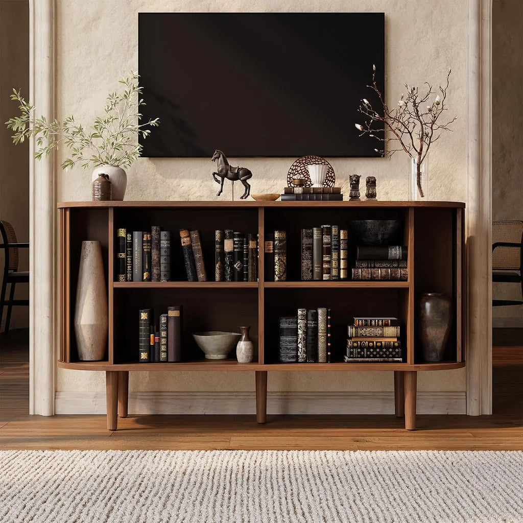 Liltcrest sideboard with both doors retracted, four central compartments and two tall end bays