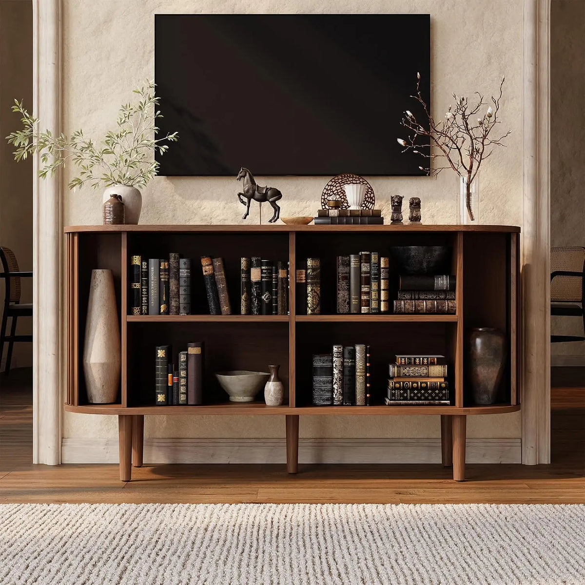 Liltcrest sideboard with both doors retracted, four central compartments and two tall end bays