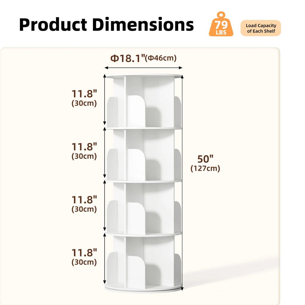 Product dimensions diagram of a white cylindrical 5-tier open bookshelf, showing its diameter of 18.1 inches (46 cm) and height of 50 inches (127 cm), with each shelf measuring 11.