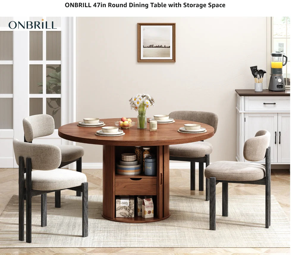Rhymelark round storage dining table shown with four chairs
