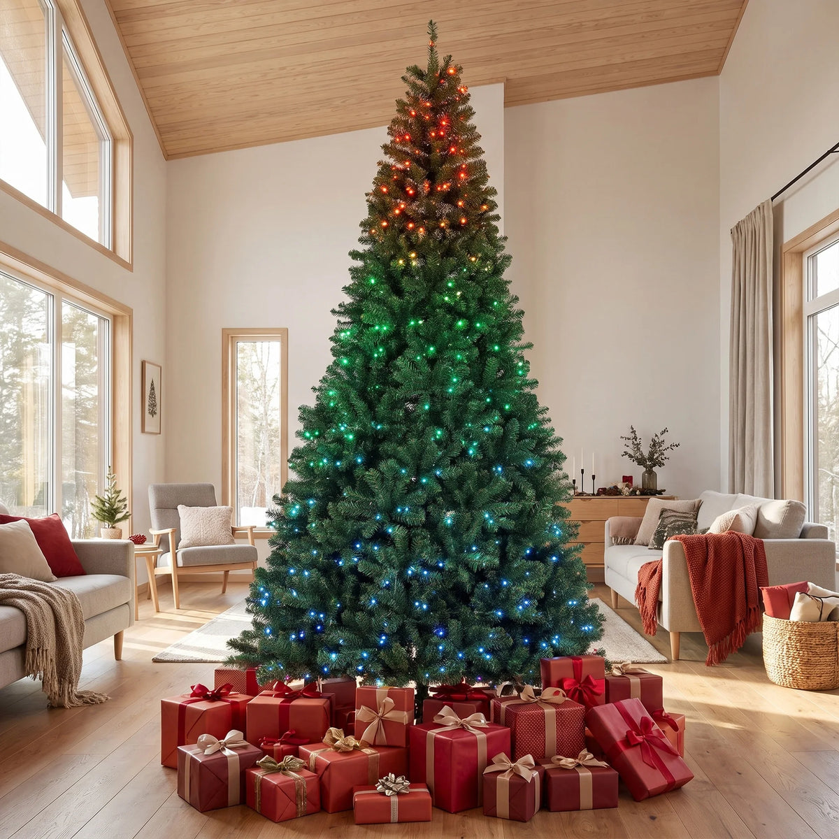 Prismgrand color-changing Christmas tree displayed in a tall indoor holiday setting