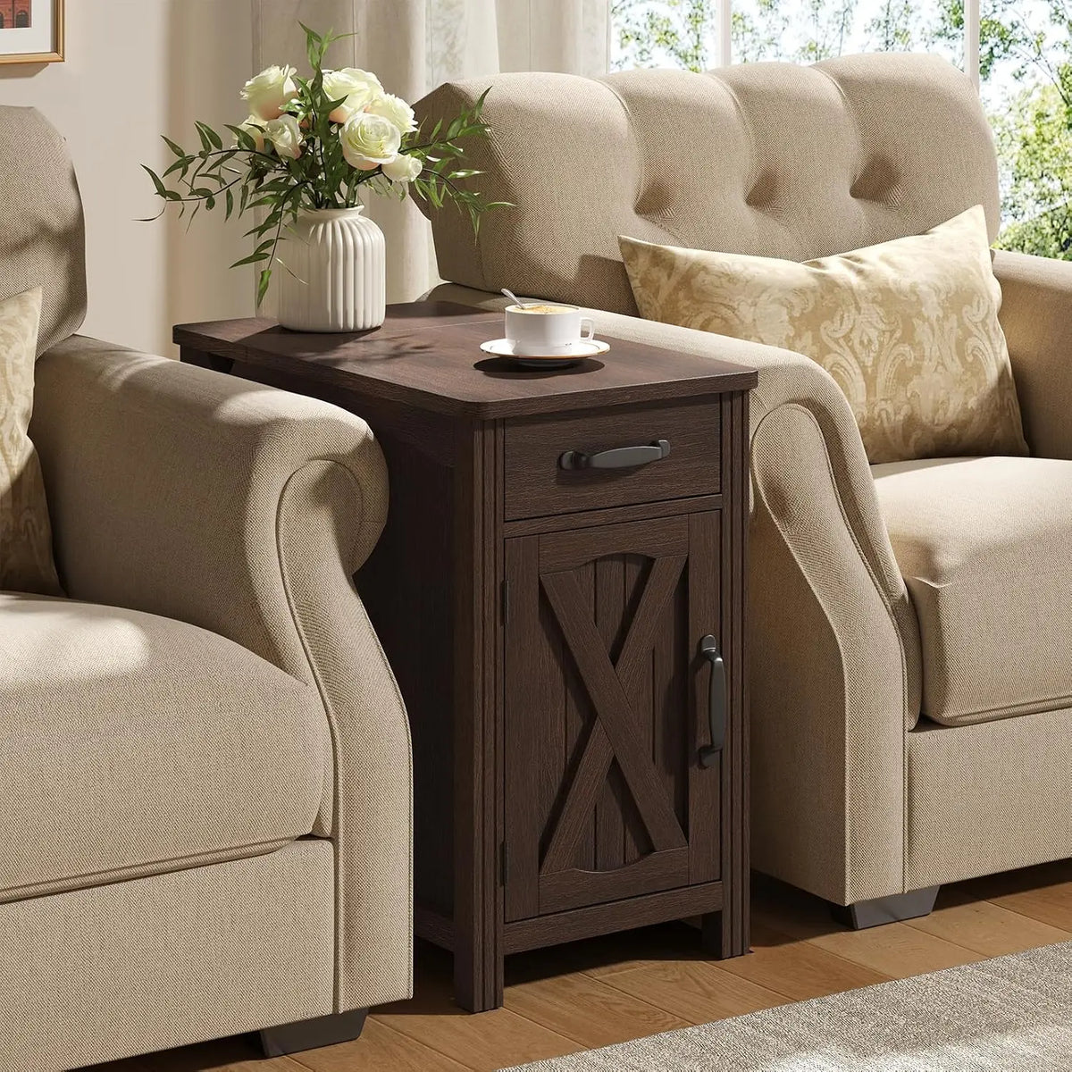 Gossamernote brown nightstand between two upholstered armchairs