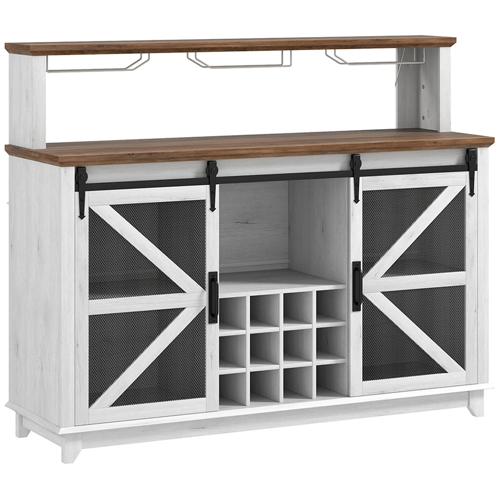 Crestmere white and brown coffee bar cabinet with sliding mesh doors and bottle storage