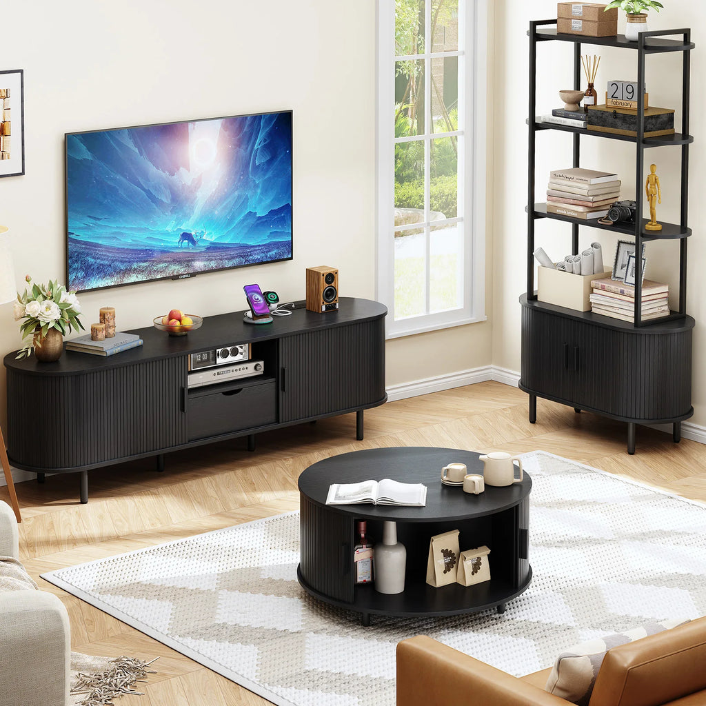Sunbeamsong Black TV stand in a room with matching curved storage furniture