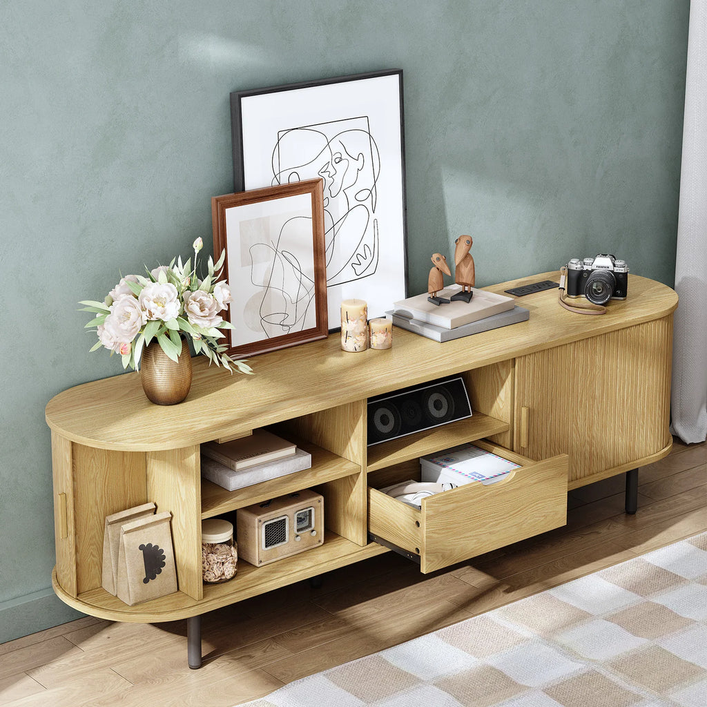 Opalray TV stand with open drawer and storage compartments