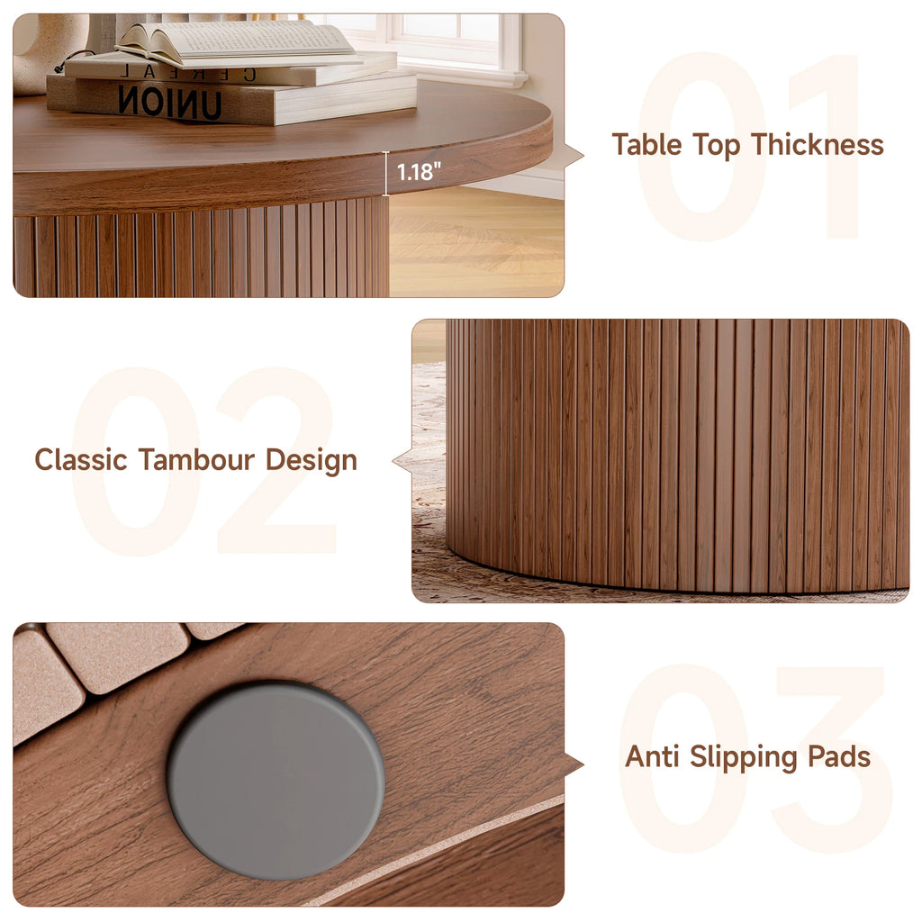Daydreamarc detail graphic showing 1.18-inch tabletop thickness, tambour-style base and non-slip pads