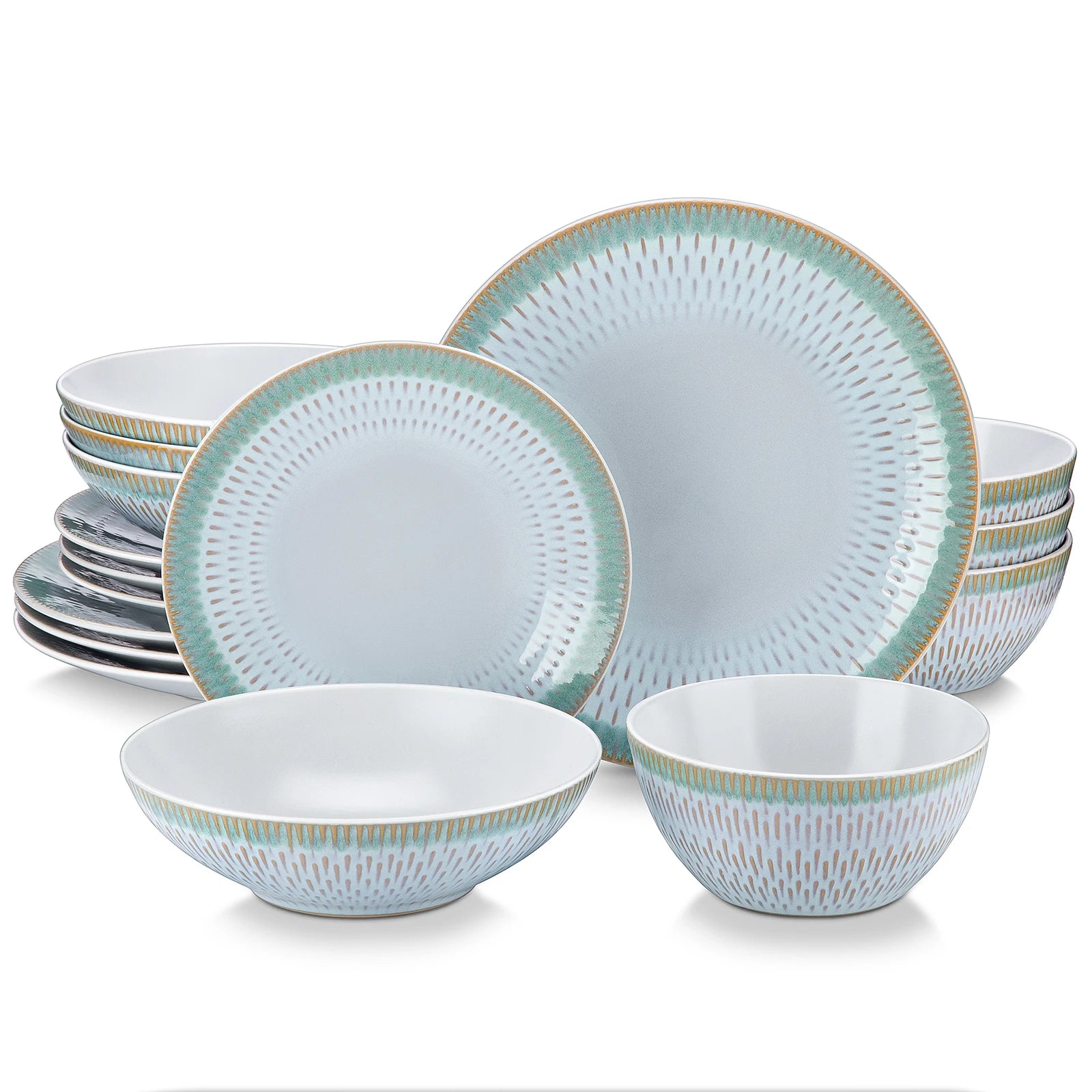VANCASSO Pluvo Spring Series Stoneware Dinnerware Set – Green Trim, 16/32/48 Pieces
