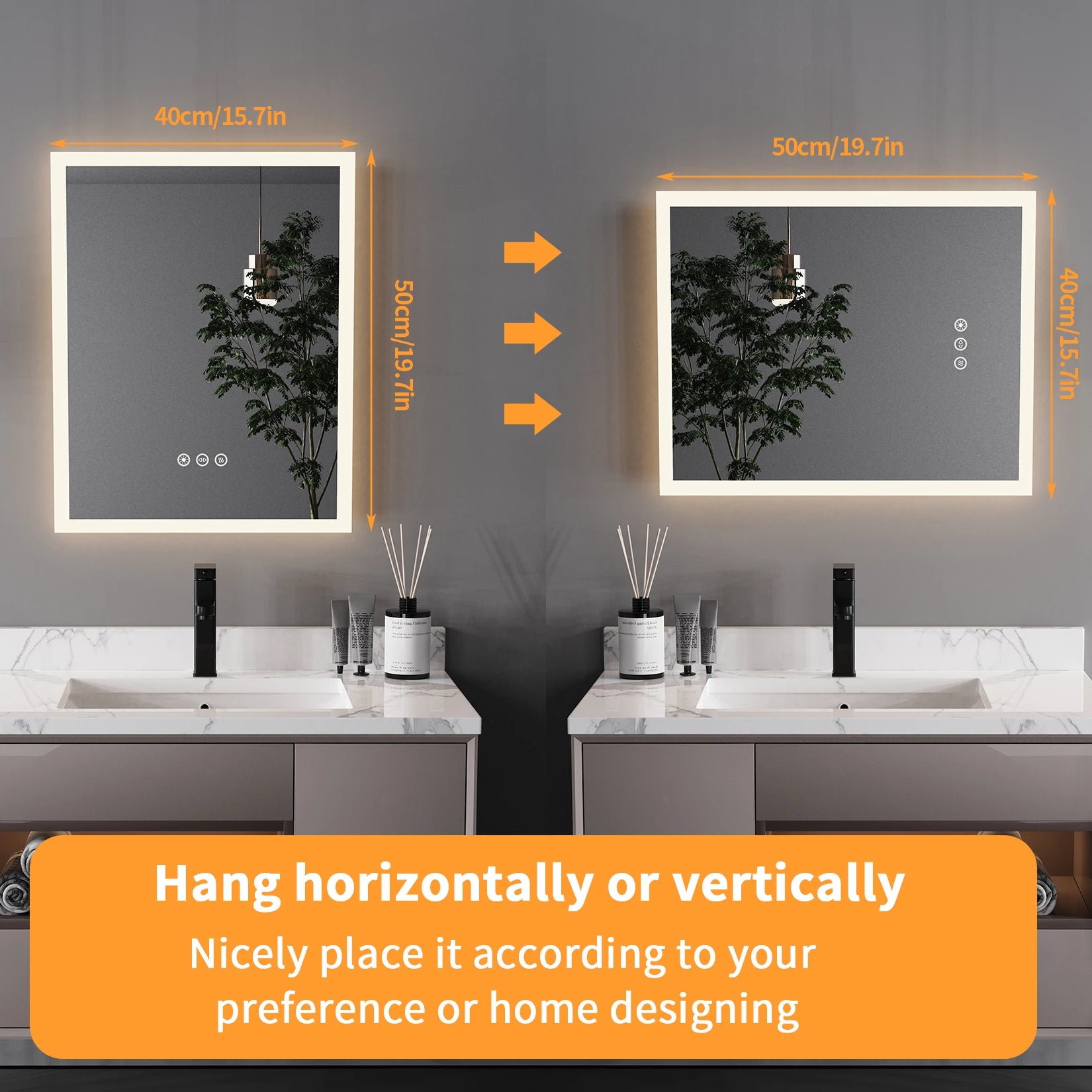 Bathroom vanity setup with two mirrors showing dimensions and placement options.