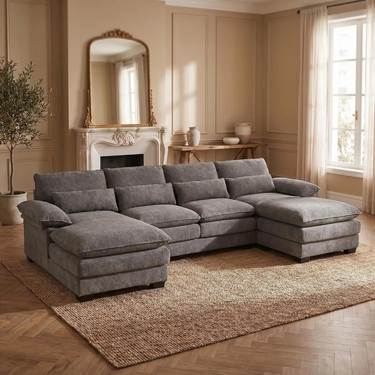 Halewyn sectional in Stone Grey chenille fabric with dual chaise ends