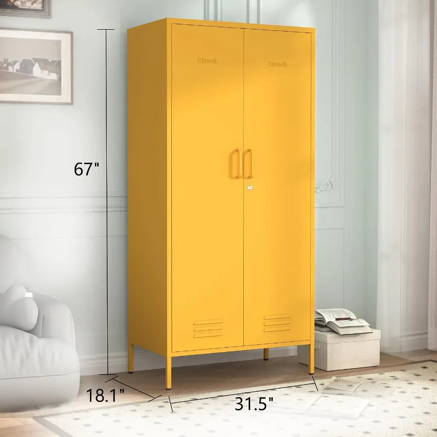 Angled measurement view of the yellow cabinet, labeled 67 inches tall.