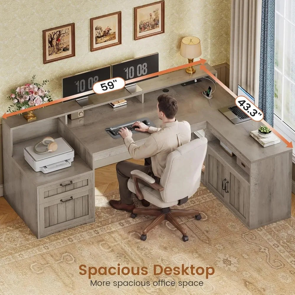 Lennor gray L-shaped desk with dual monitor work surface and 43.3-inch side return