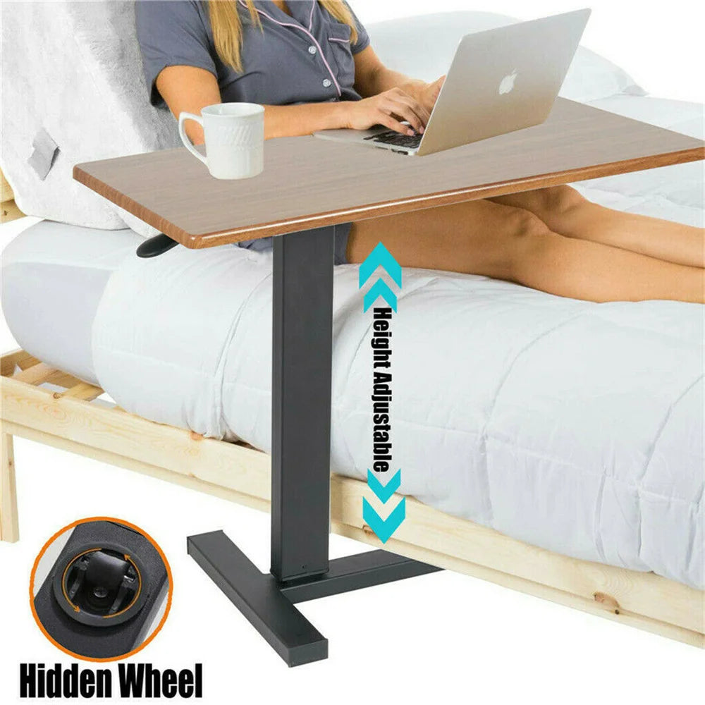 Original oak-look adjustable table variant shown for bedside use with hidden wheels