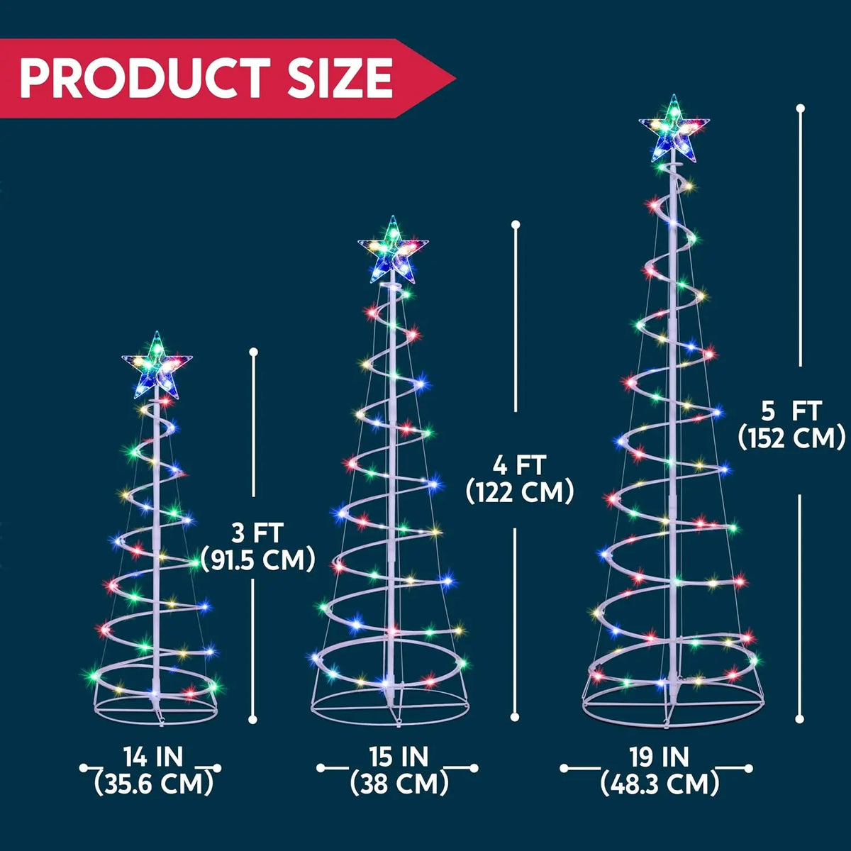 Spiravelle spiral tree size chart showing 3-, 4- and 5-foot heights with 14-, 15- and 19-inch base diameters