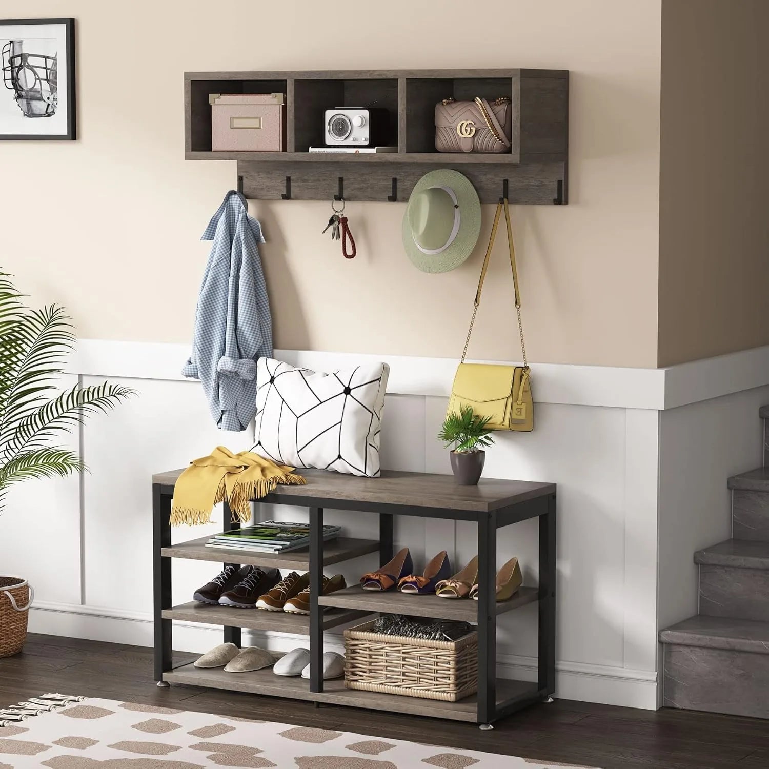 Grey Coat Rack Shoe Bench Set
