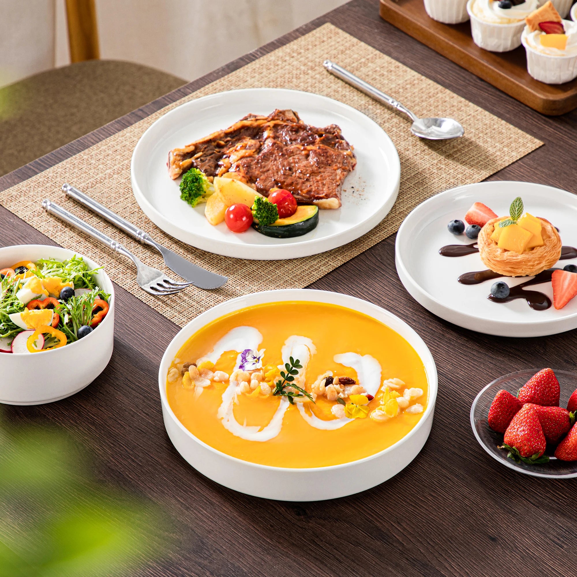 MALACASA Luna Series Ceramic Dinnerware Set - White or Black Rim