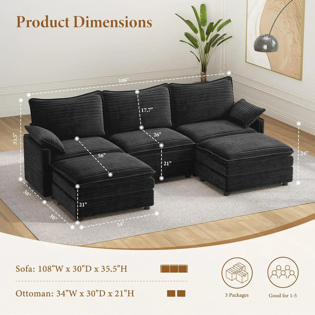 Vellune dimensions showing the 108-inch sofa and separate 34-by-30-inch ottomans