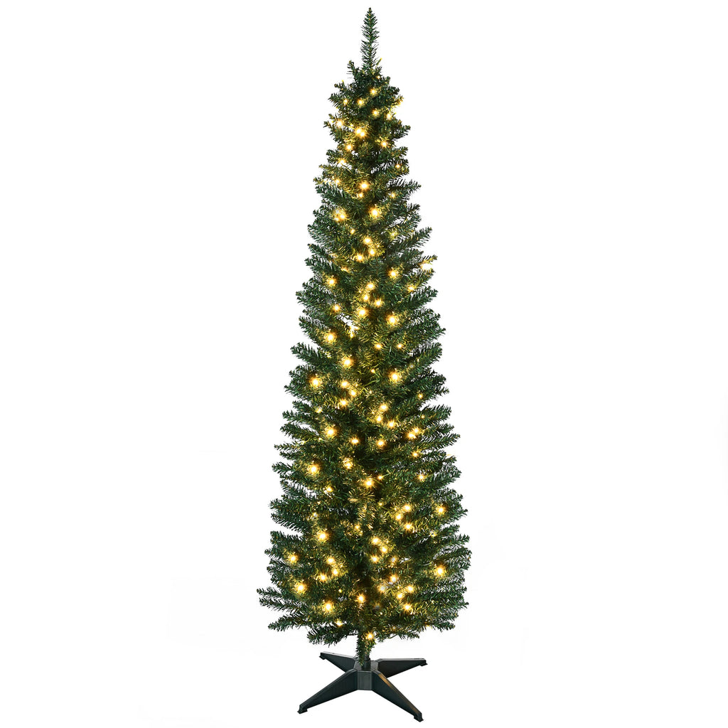 Lindenlight 7 ft green pencil Christmas tree with warm white lights and a dark cross-style stand.