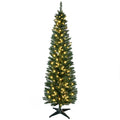 Lindenlight 7 ft green pencil Christmas tree with warm white lights and a dark cross-style stand.