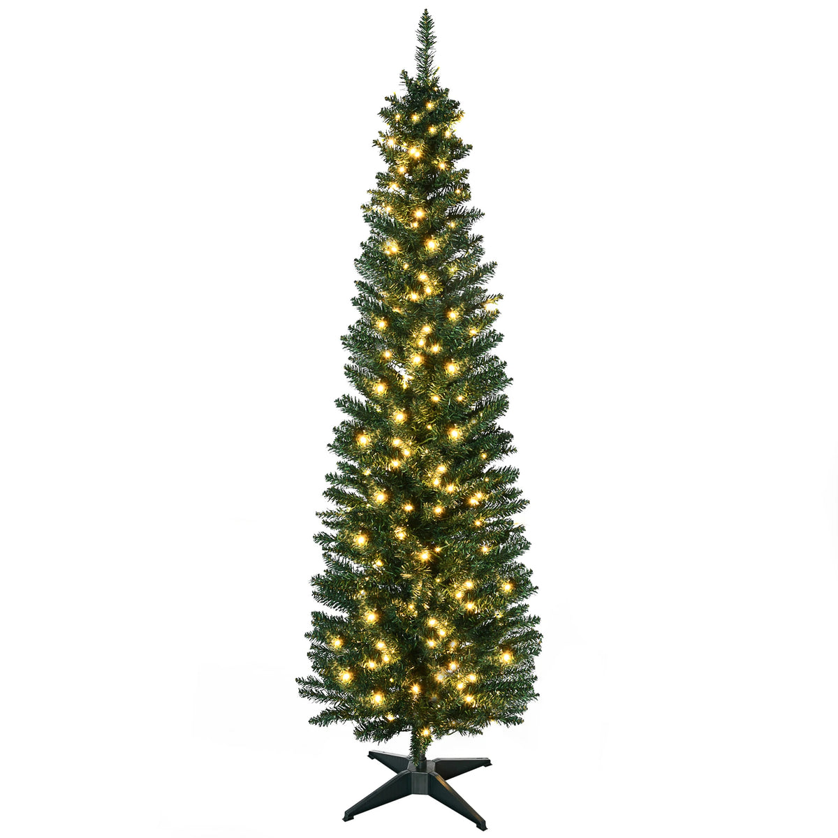 Lindenlight 7 ft green pencil Christmas tree with warm white lights and a dark cross-style stand.