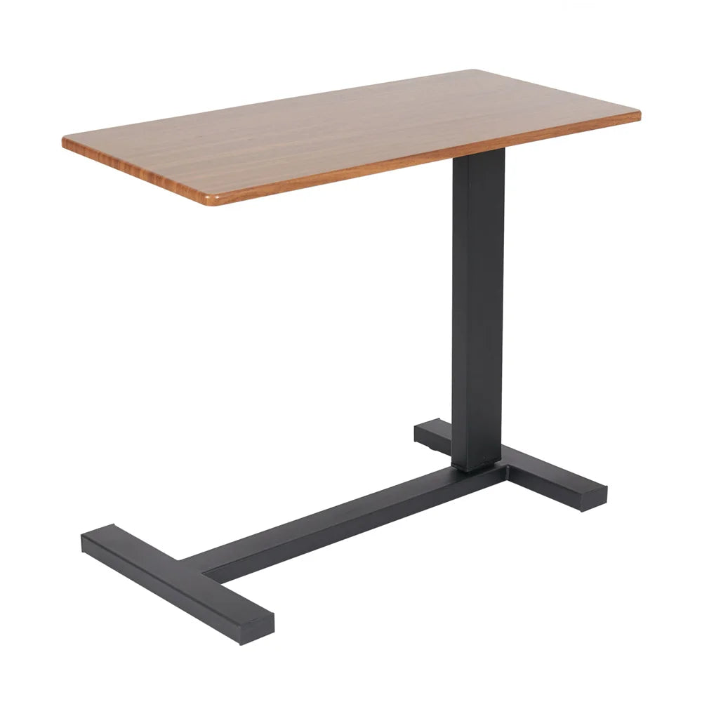 Adjustable oak-look tabletop with an offset black upright and low-profile rolling base