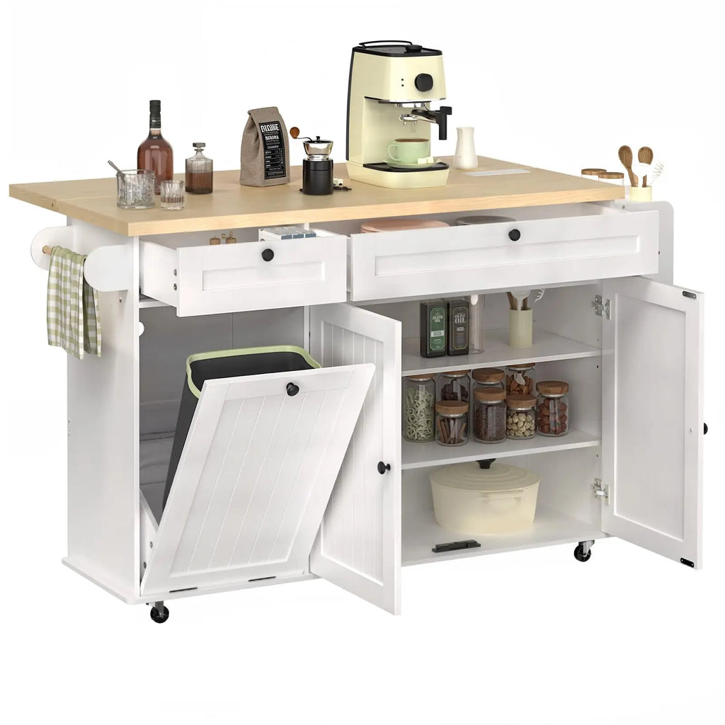 White-and-brown Gleamecho island with open drawers, cabinet doors and tilt-out front.