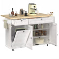 White-and-brown Gleamecho island with open drawers, cabinet doors and tilt-out front.