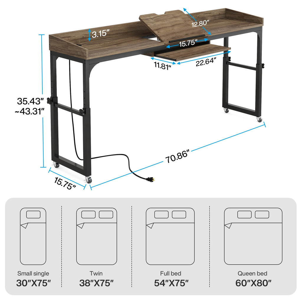 Wooden desk with dimensions and bed size chart on a white background