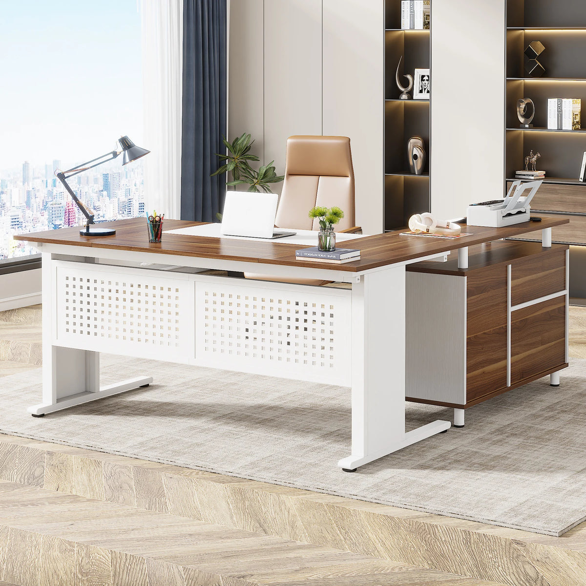 Cadencewhisper brown wood-look desktop with white perforated metal-look front and side cabinet