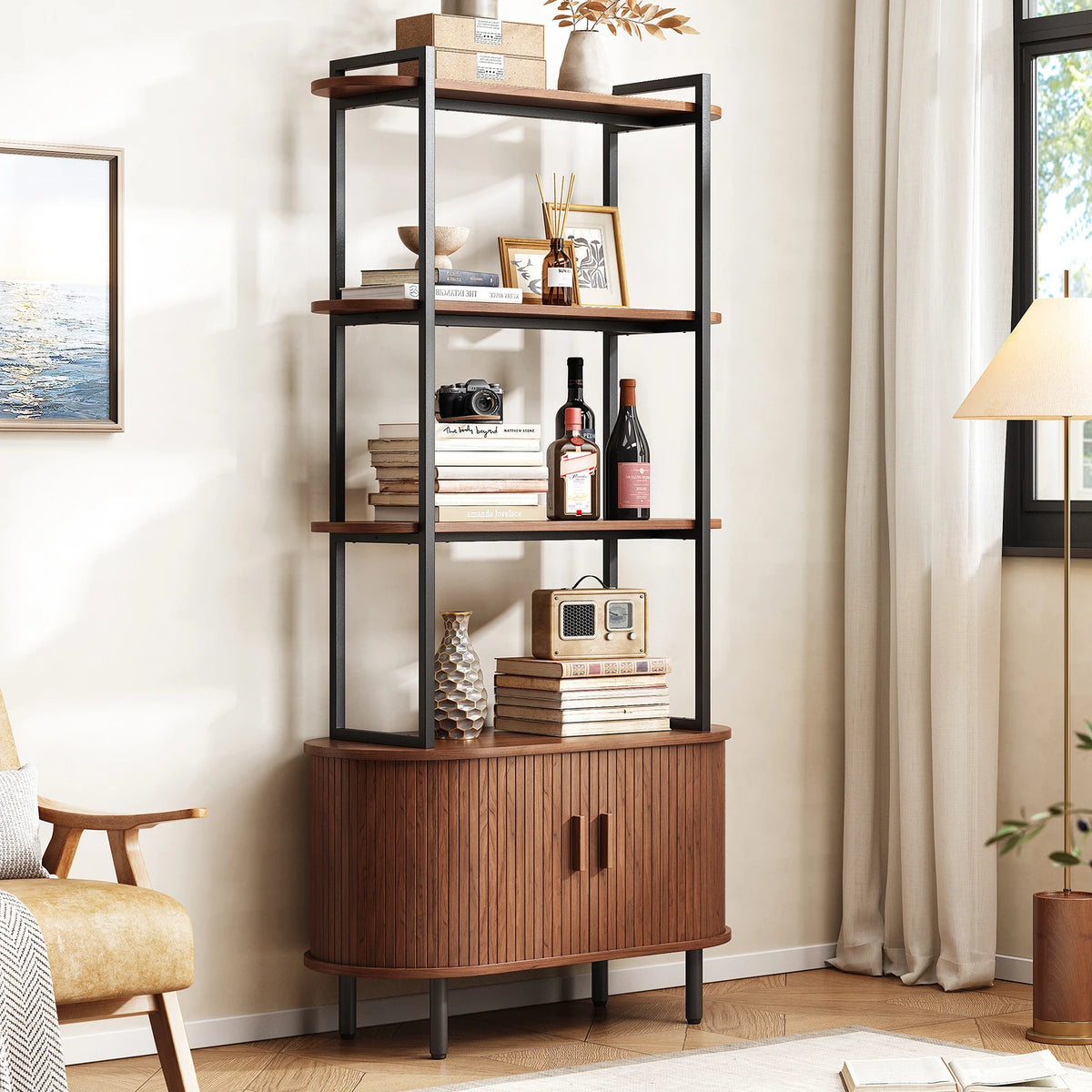 Fableecho walnut four-tier bookcase with lower fluted cabinet