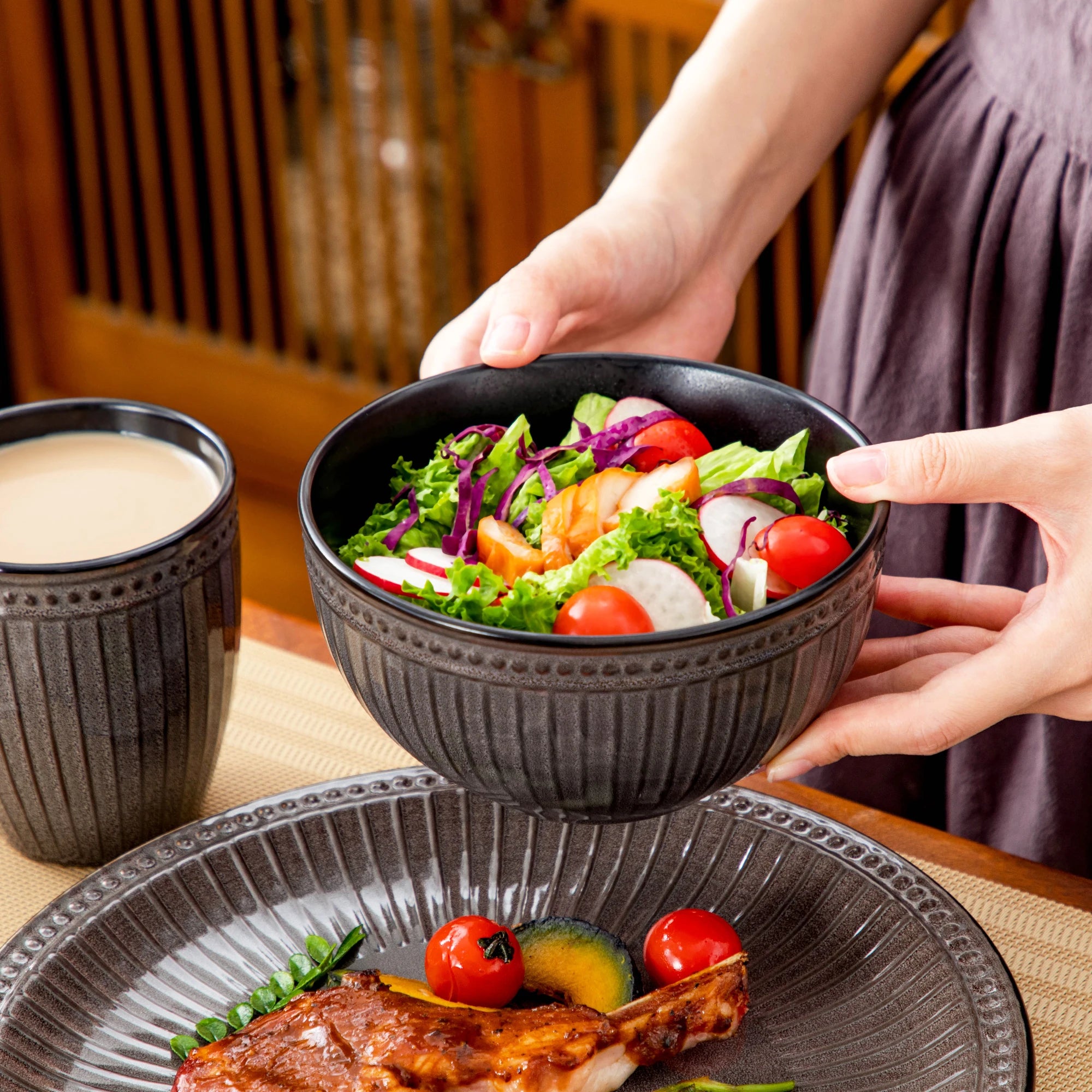 VANCASSO Eliga Stoneware Dinnerware Set – 16/32 Pieces, Black-Grey or Dark Brown