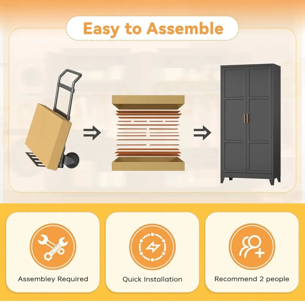 Harvelle metal cabinet assembly illustration recommending two people