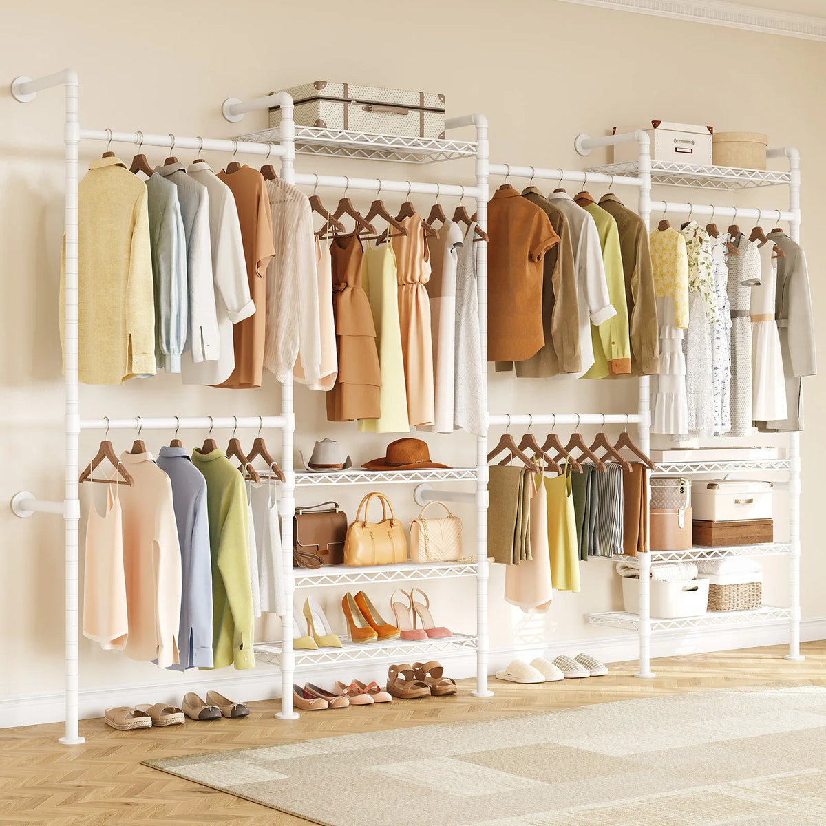 Amberecho white finish wall-mounted open closet with hanging clothes and shoe shelves