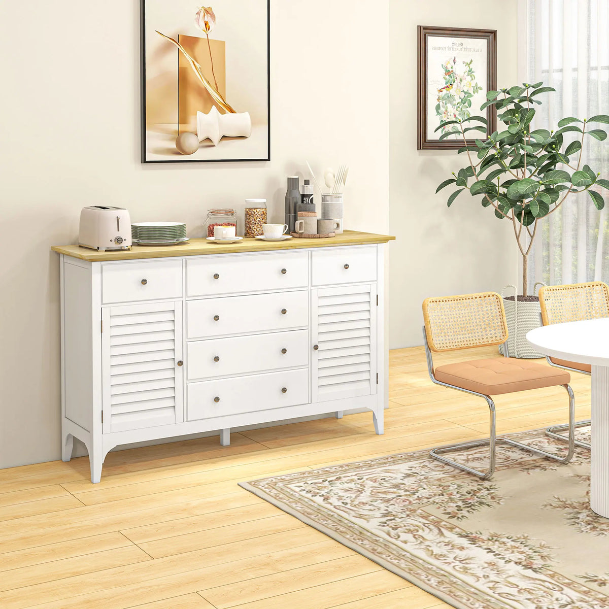 Florabloom white sideboard with a natural wood top styled as a dining-room coffee station